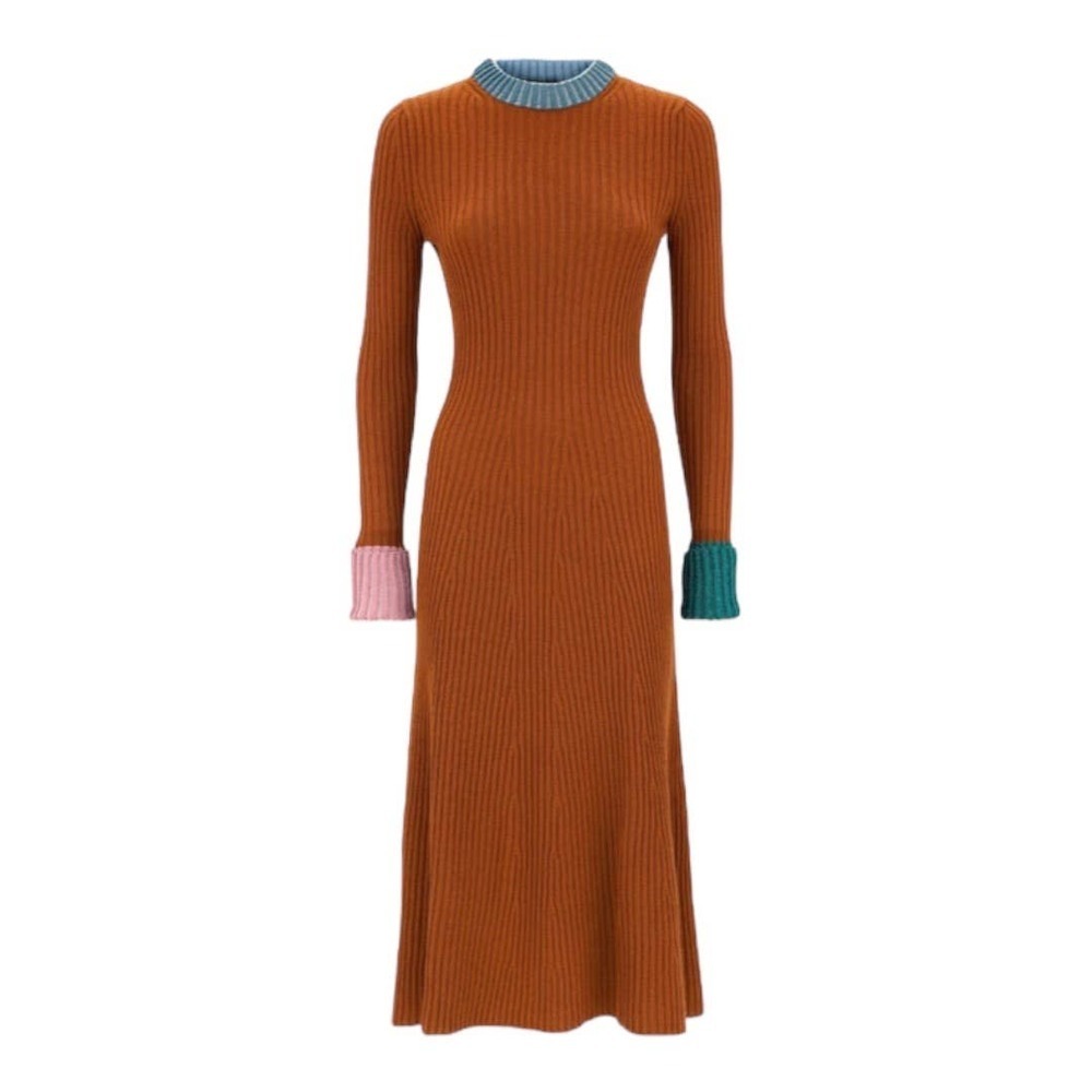 LANVIN Sweater Dress Midi Brown Ribbed Knit Wool Metallic Crewneck Long Sleeve